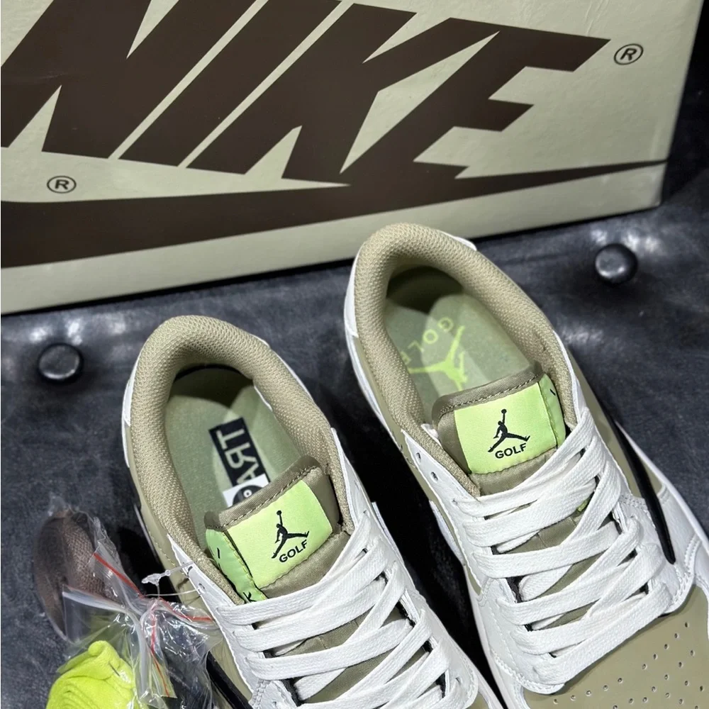 Nike Low-Top Sneakers in White, Beige & Black with Lime Tongue Accent